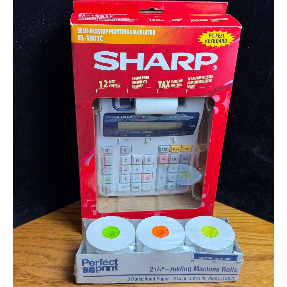 Sharp EL-1801C 12-Digit Printing Calculator Bundle with 3 Extra Paper Rolls, NEW